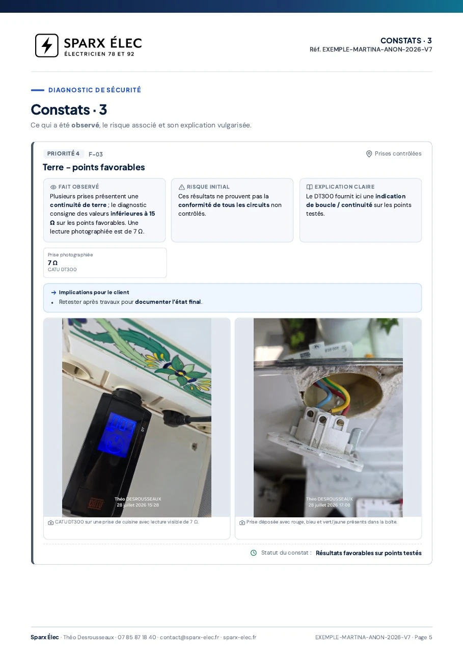 Rapport de diagnostic électrique, page 5 sur 14 : Terre : points favorables et mesures