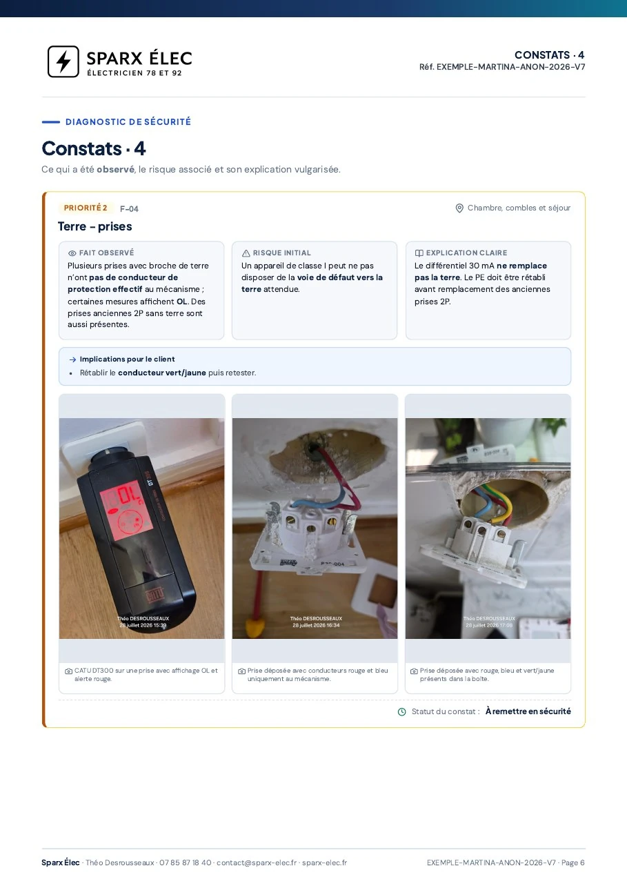 Rapport de diagnostic électrique, page 6 sur 14 : Prises sans terre effective
