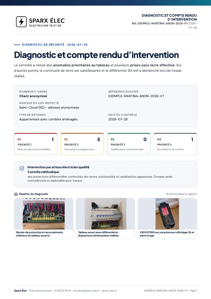 Première page d'un exemple de rapport de diagnostic électrique illustré Sparx Élec