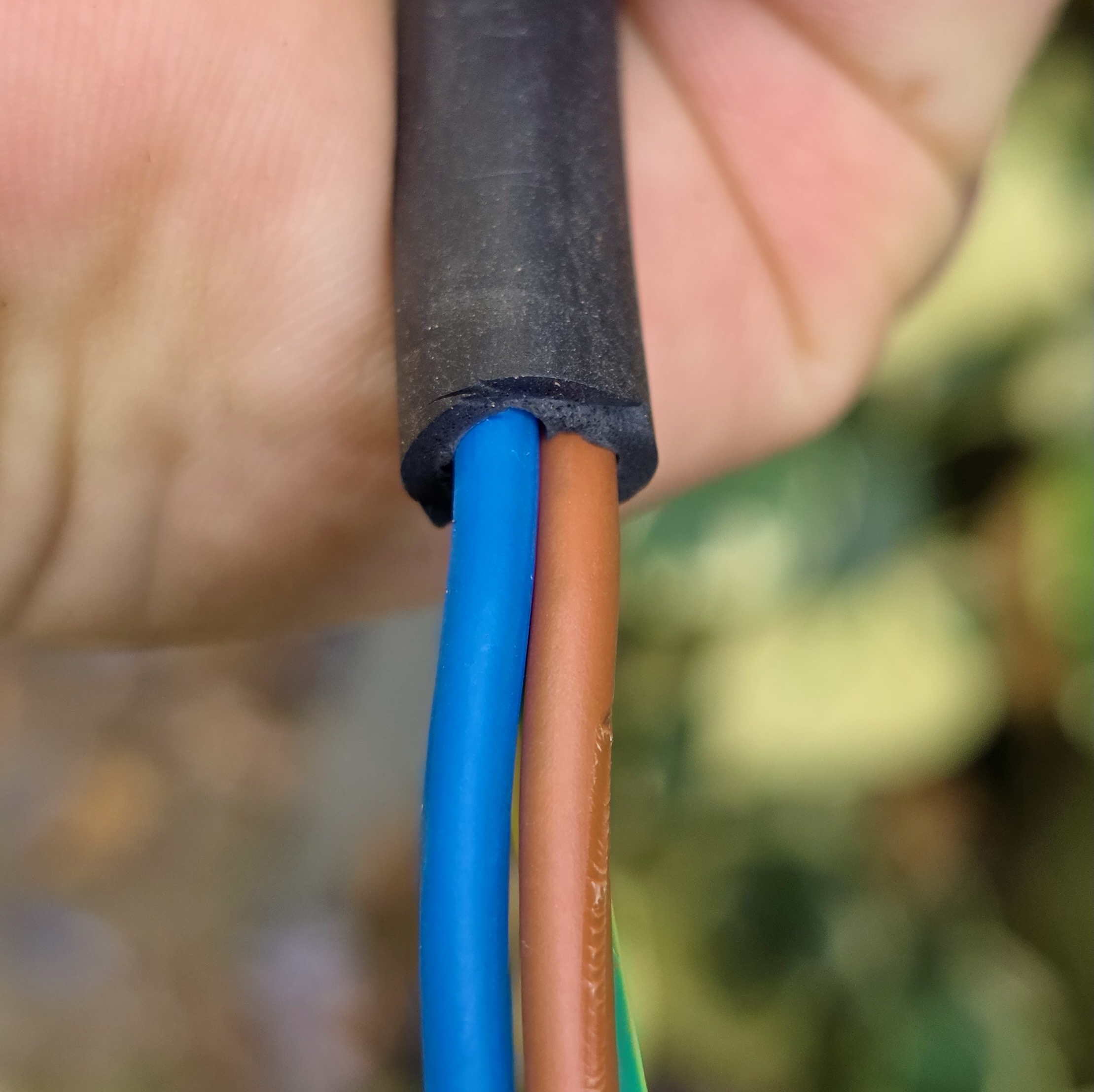 Gros plan d'un câble R2V noir dénudé tenu en main, trois fils isolés bleu, marron et vert-jaune sortent de la gaine