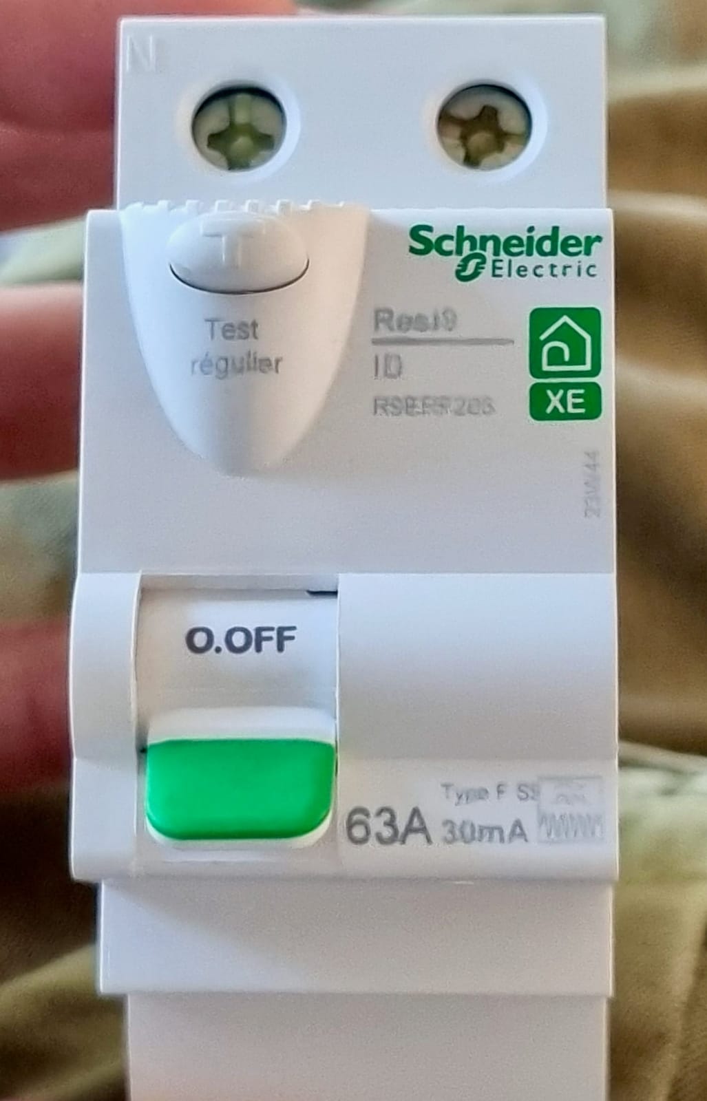Close-up of a Schneider Resi9 type F 30 mA RCD