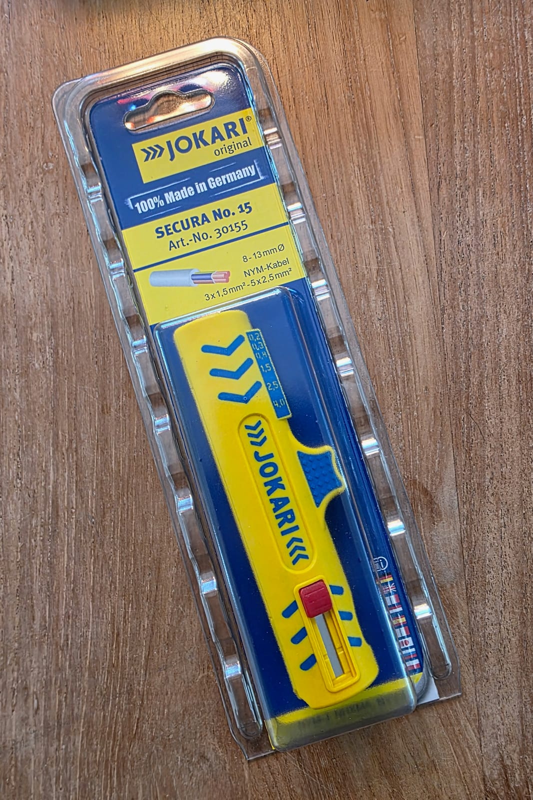 Blister della pinza spellafili Jokari Secura No. 15, riferimento 30155, made in Germany