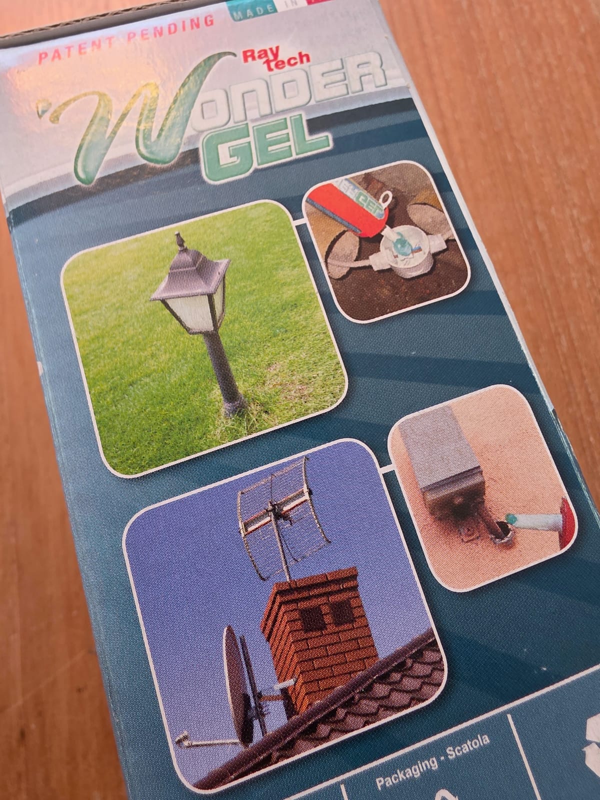 Faccia laterale della confezione Wonder Gel con foto di applicazioni su lampione e antenna da tetto