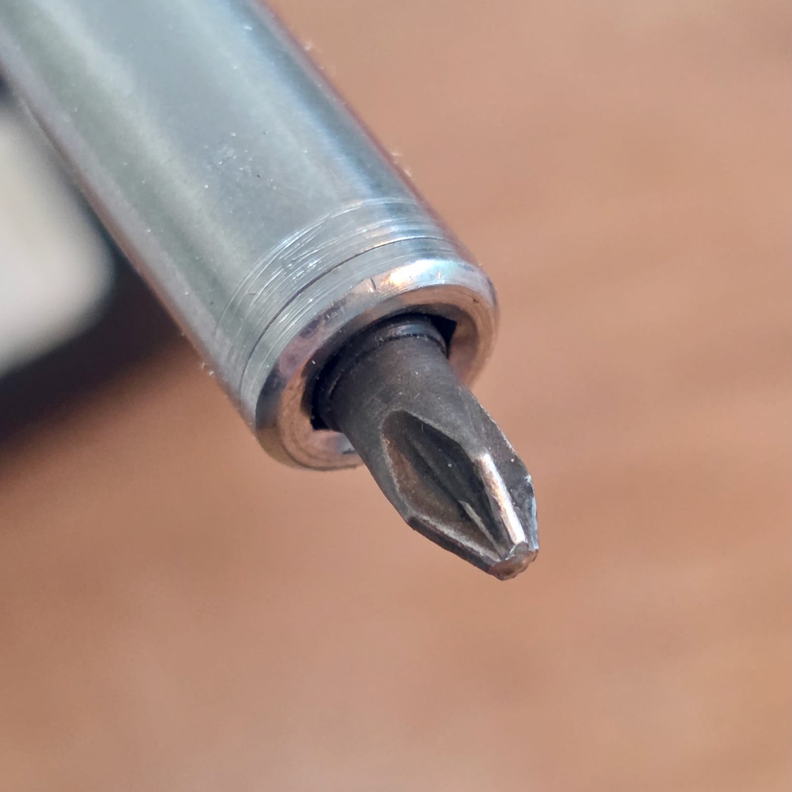 Close-up of a Wera Impaktor PZ2 bit mounted on a power screwdriver