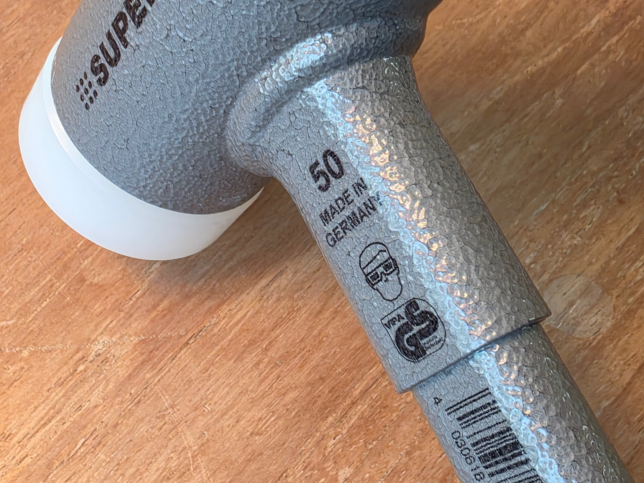 50 MADE IN GERMANY engraving and safety pictograms on the handle of the HALDER SUPERCRAFT mallet
