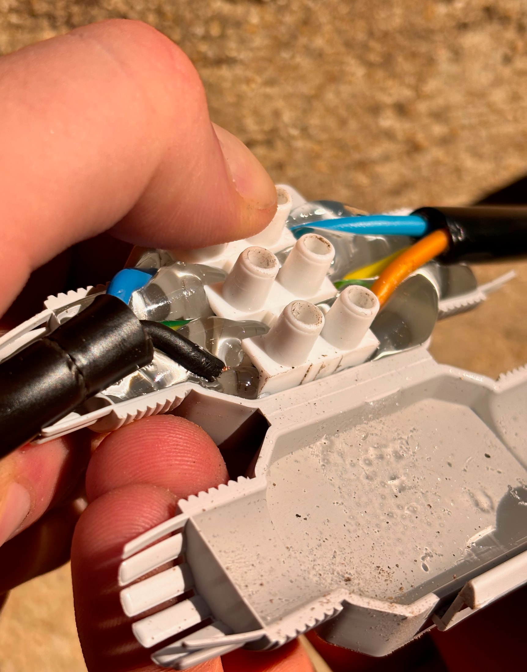 Das Innere des wasserdichten Steckverbinders Raytech Betty 4 mit farbigen Adern in den Schraubklemmen und vorbefülltem Gel
