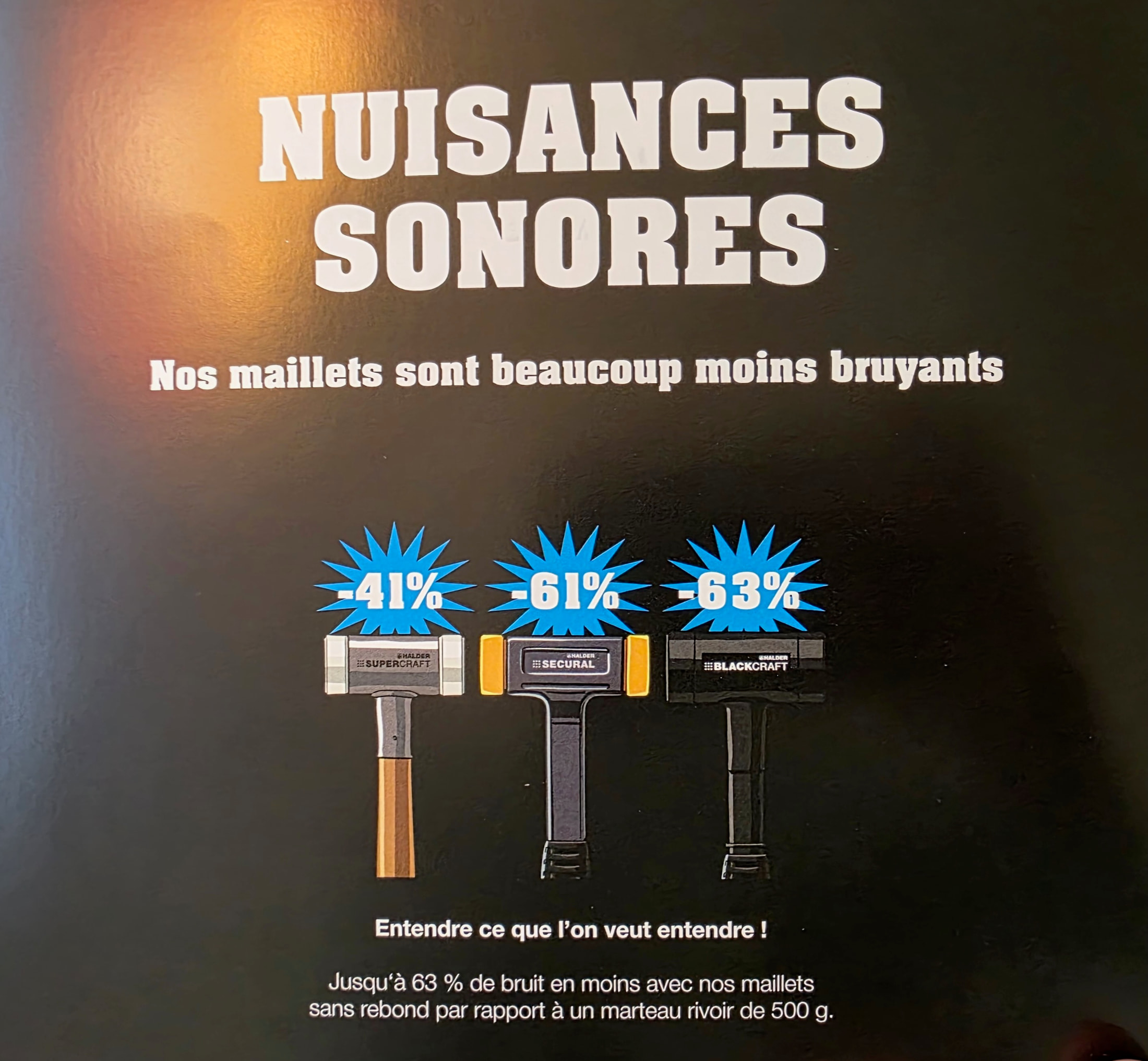 Halder brochure page comparing noise levels across hammer families
