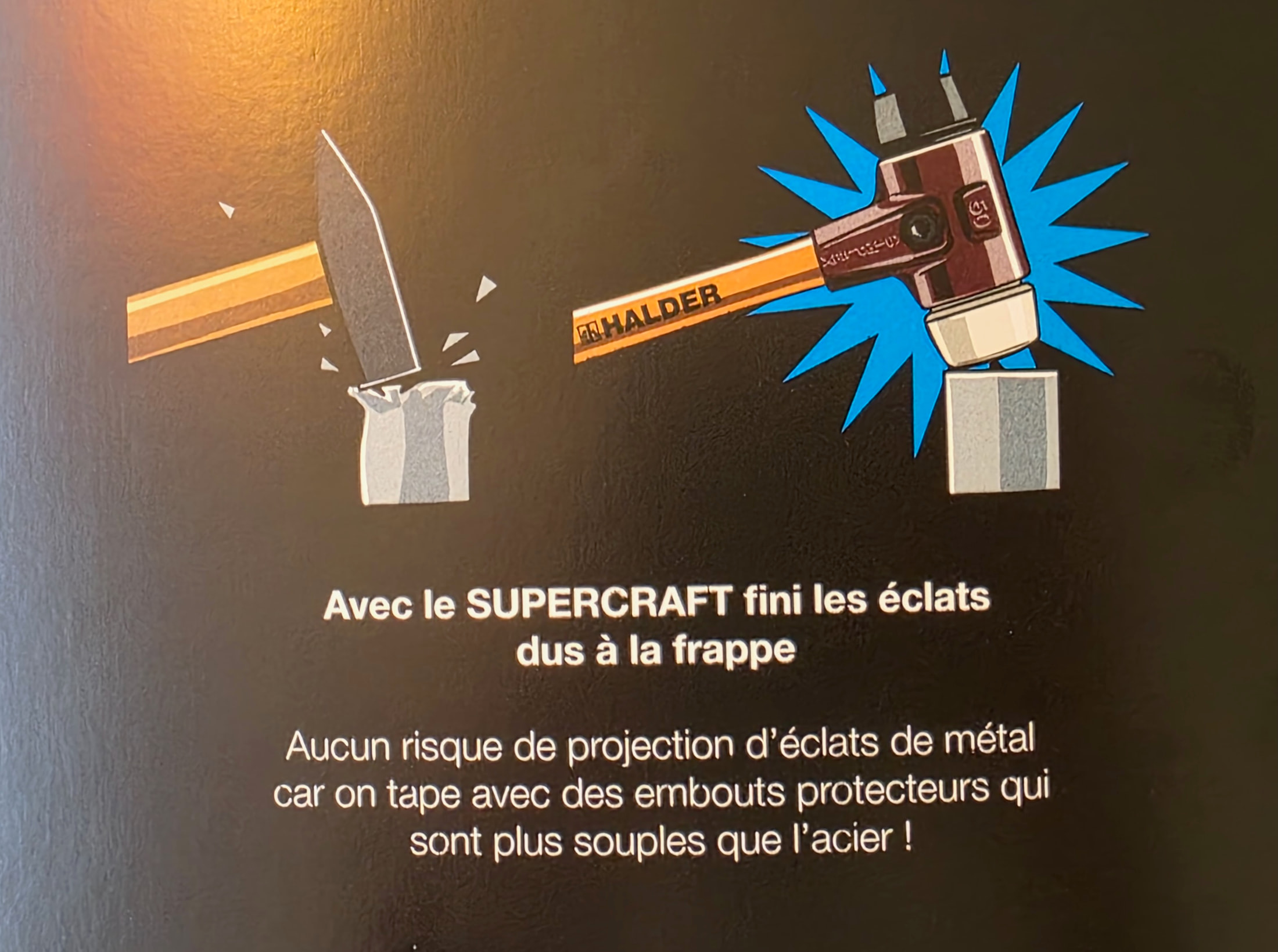 Halder brochure diagram showing SUPERCRAFT mallets striking without metal splinters
