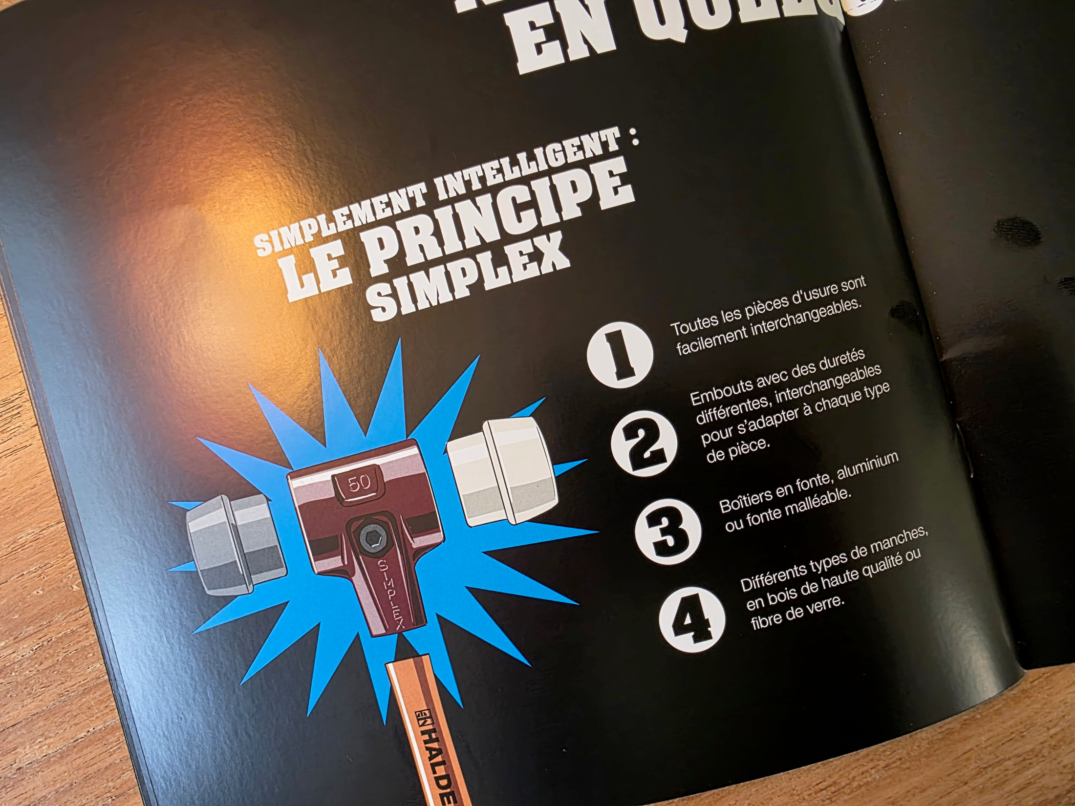 Halder catalog page on the SIMPLEX principle: hammer head with interchangeable parts and inserts of different hardnesses