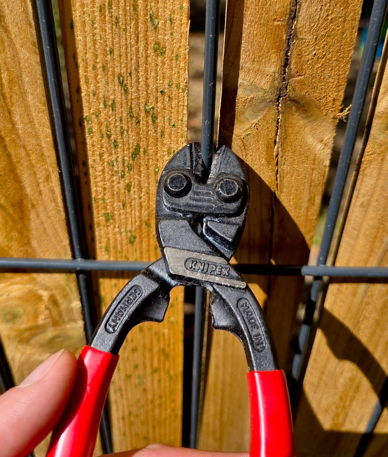 Cortapernos compacto Knipex Cobolt 200 mm en acción sobre una malla metálica