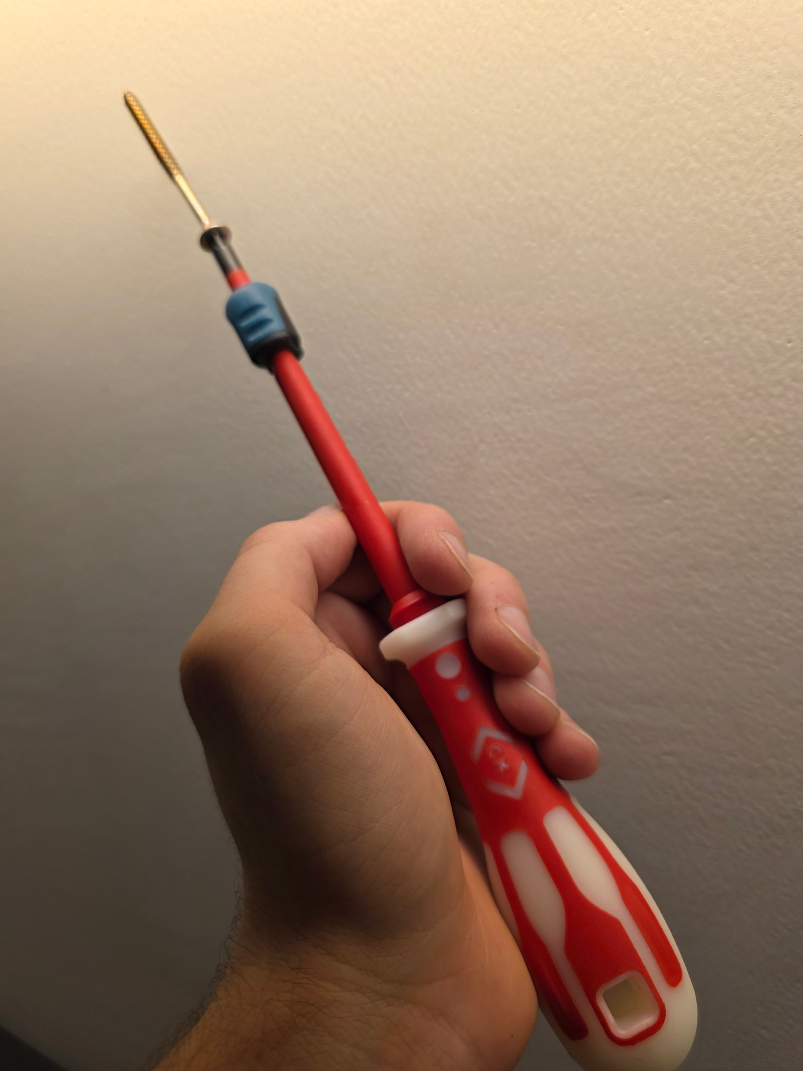 Mano che tiene un cacciavite C.K Tools Dextro VDE, punta della lama e gambo rosso isolato visibili