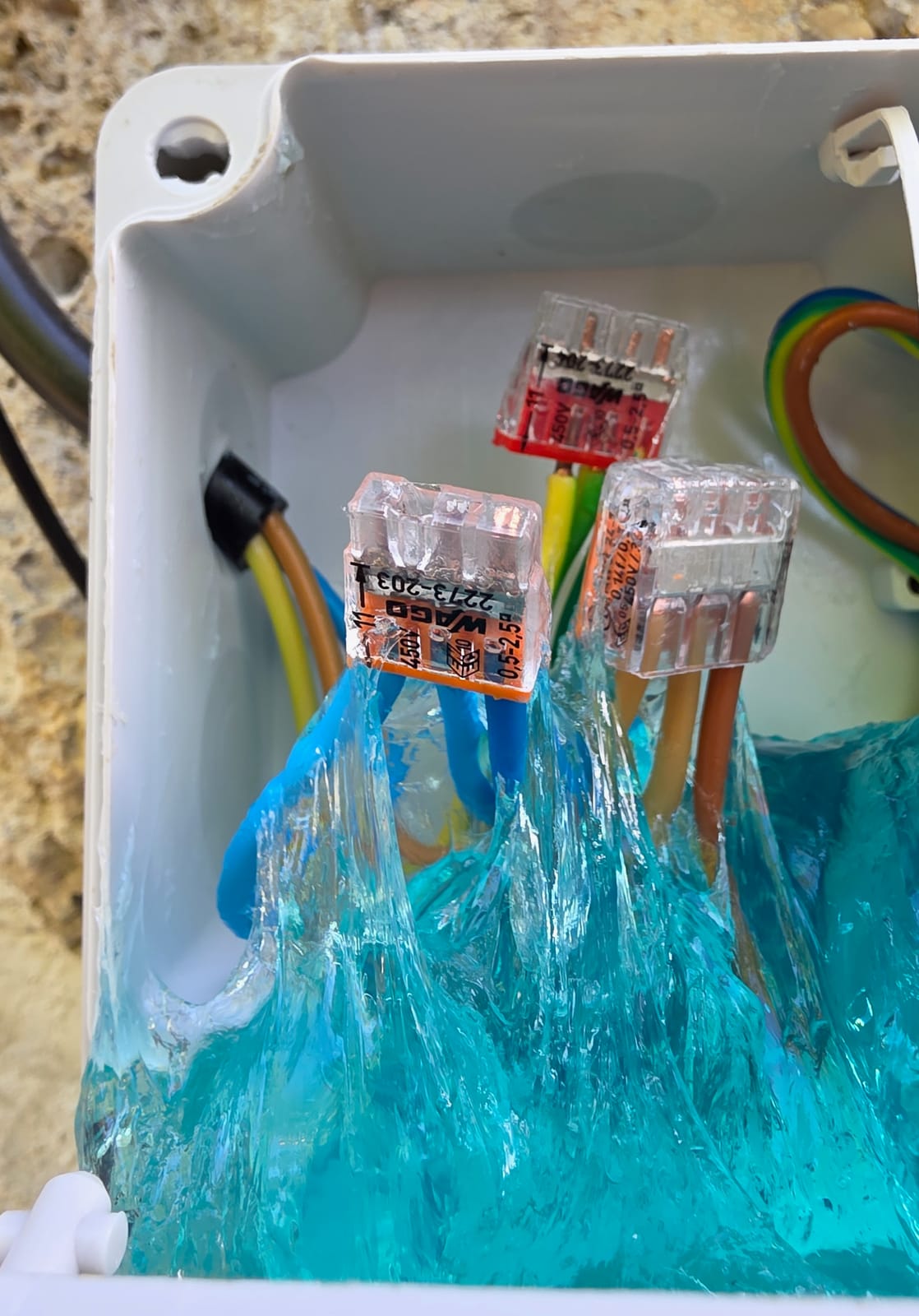 Tre connettori Wago 2273-203 su fili elettrici ricoperti di gel blu in una scatola