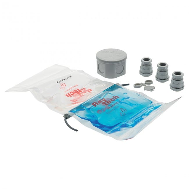 Kit Magic Box 65 Raytech: scatola cilindrica grigia, pressacavi e bustina di gel blu