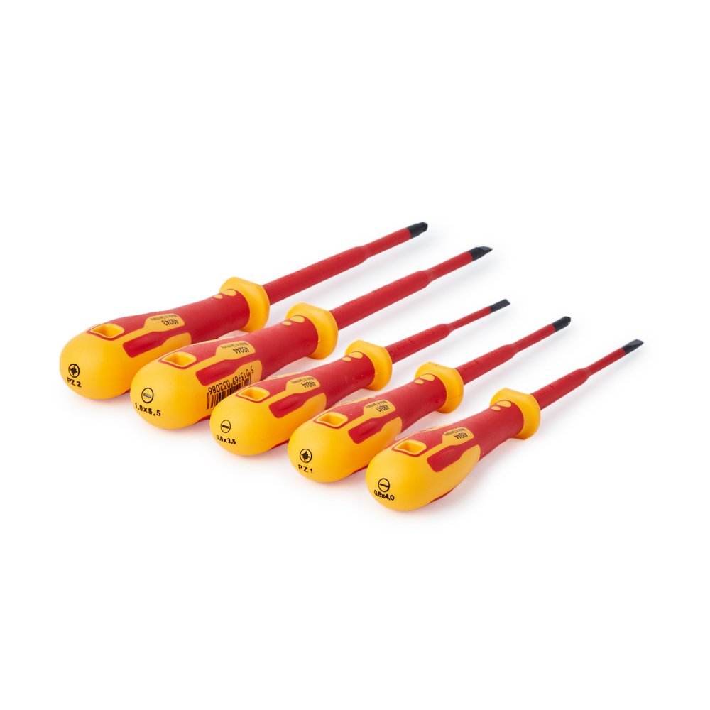 Cinque cacciaviti C.K Tools allineati con manici gialli e rossi, gambi rossi e punte nere, con indicazioni delle misure sui manici