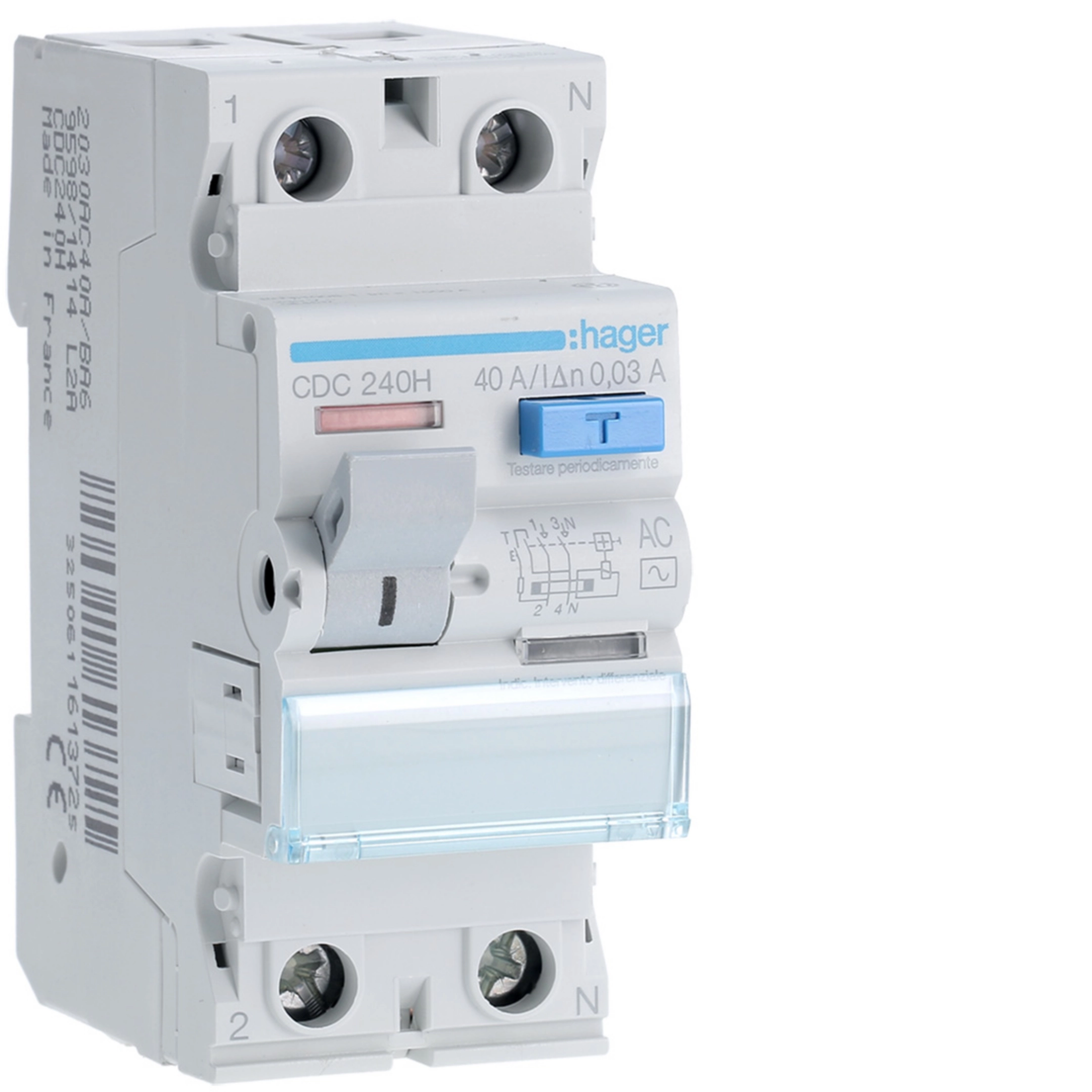 Interruttore differenziale Hager CDC240H tipo AC a 2 poli, 40 A e 30 mA