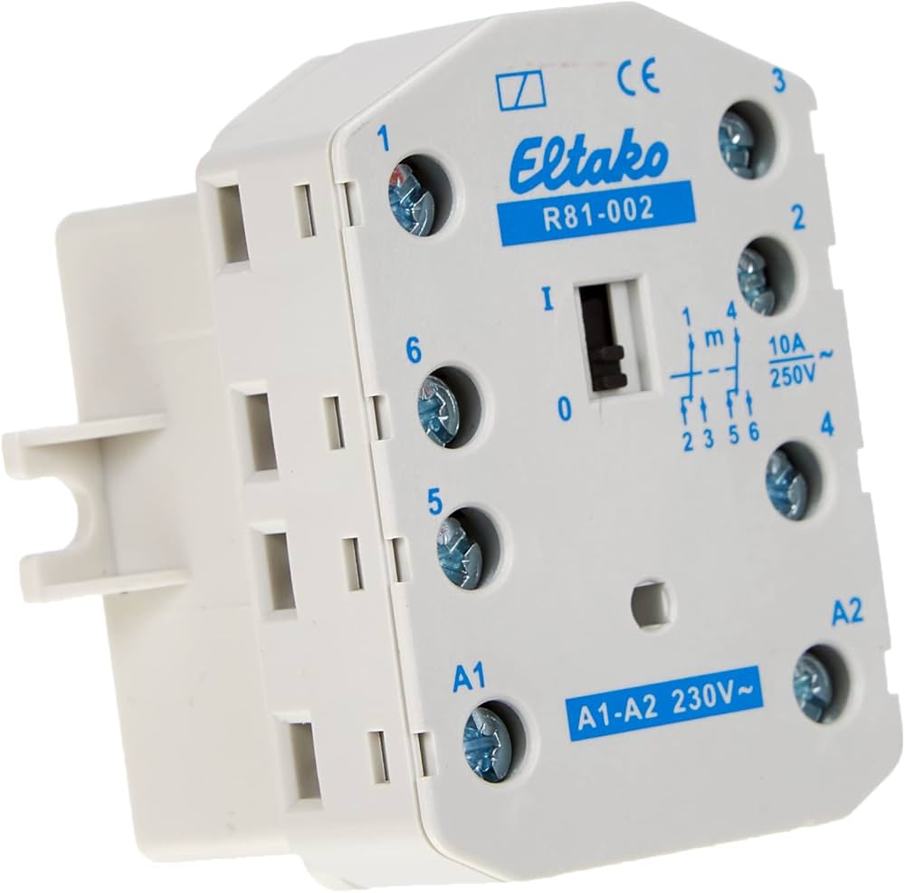 Módulo eléctrico blanco de la marca Eltako, modelo R81-002, con bornes de conexión e interruptor.