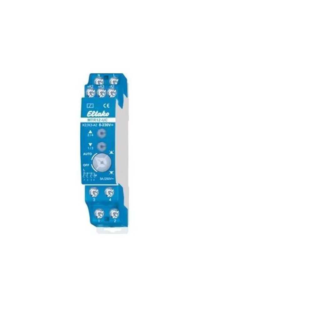 Módulo eléctrico azul y blanco de la marca Eltako, modelo MTR12-UC, con bornes y rueda de ajuste.