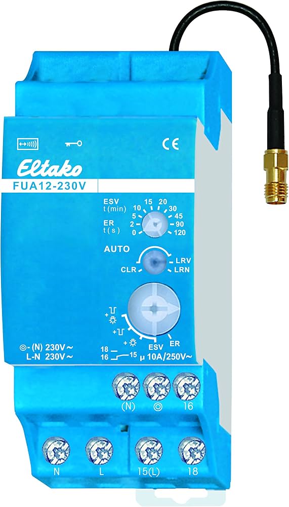 Módulo electrónico azul Eltako FUA12-230V con antena externa, borneras y ruedas de ajuste.