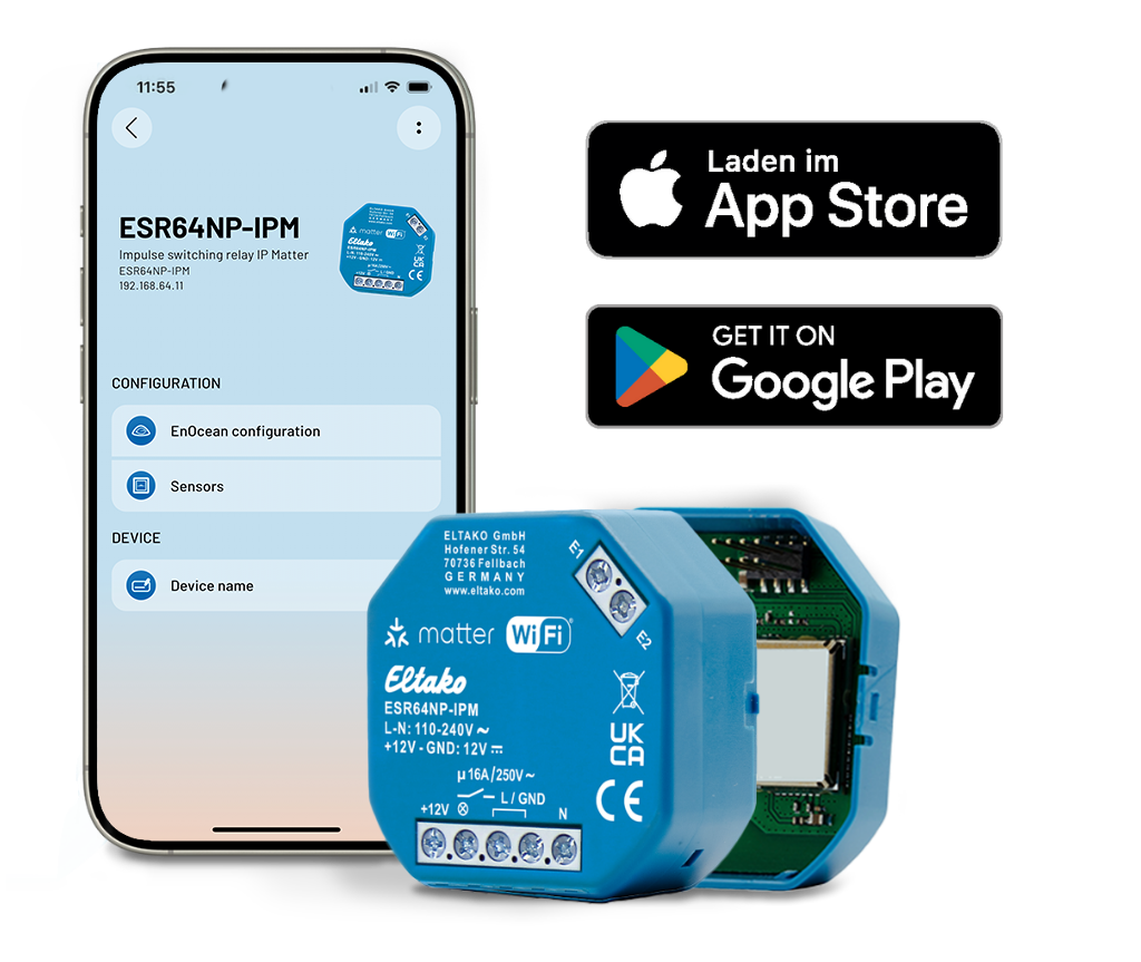 Smartphone que muestra la aplicación de configuración del ESR64NP-IPM junto a la carcasa abierta del Eltako ESR64NP-IPM y las insignias de App Store y Google Play.