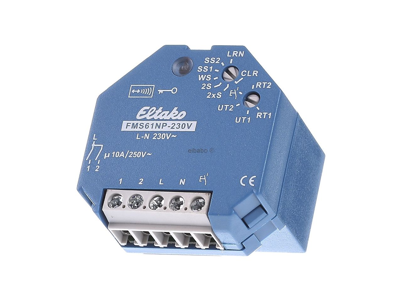 Caja electrónica azul octogonal Eltako FMS61NP-230V con borneras y ruedas de ajuste.