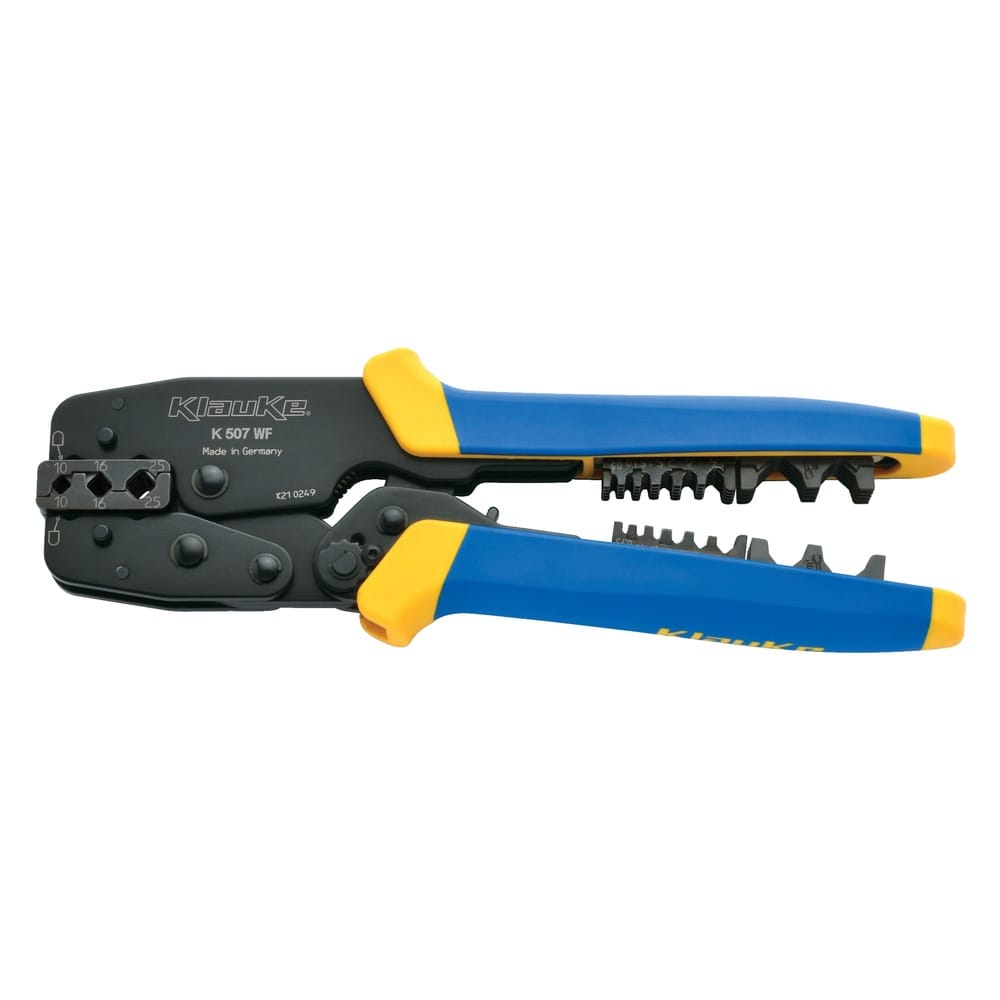 Pinza Klauke K 507 WF completa vista de perfil, empuñaduras azules con toques amarillos, cabeza de crimpado negra
