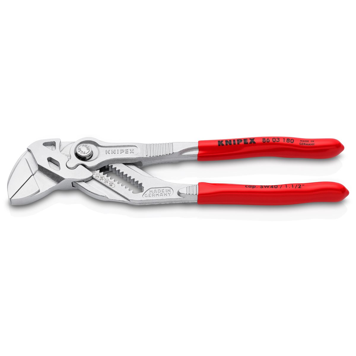 Una pinza-llave KNIPEX 86 03 180 con mangos rojos sobre fondo blanco.