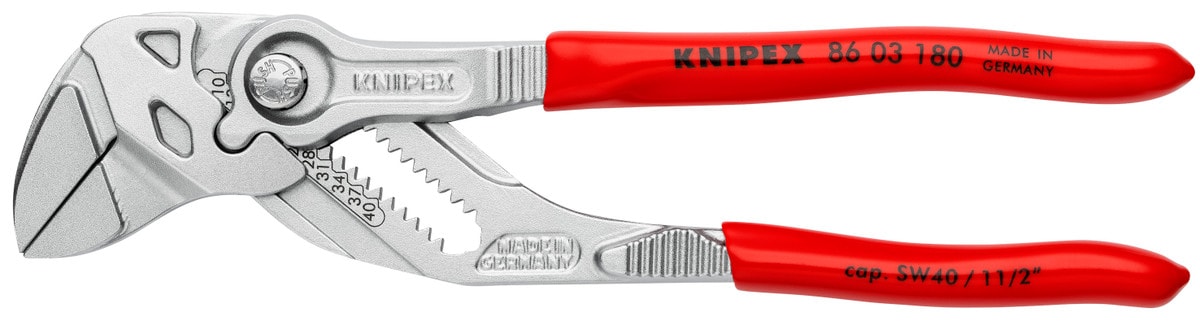 Una llave de pinza KNIPEX 86 03 180 con mangos rojos sobre fondo blanco.