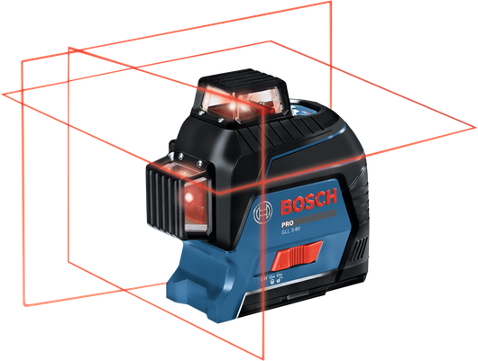 Bosch GLL 3-80 line laser projecting three 360-degree lines in a room