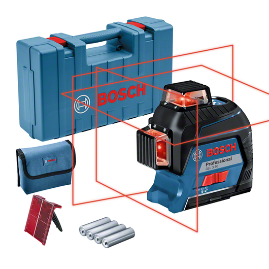 Bosch GLL 3-80 line laser shown with its carrying case and measuring plate