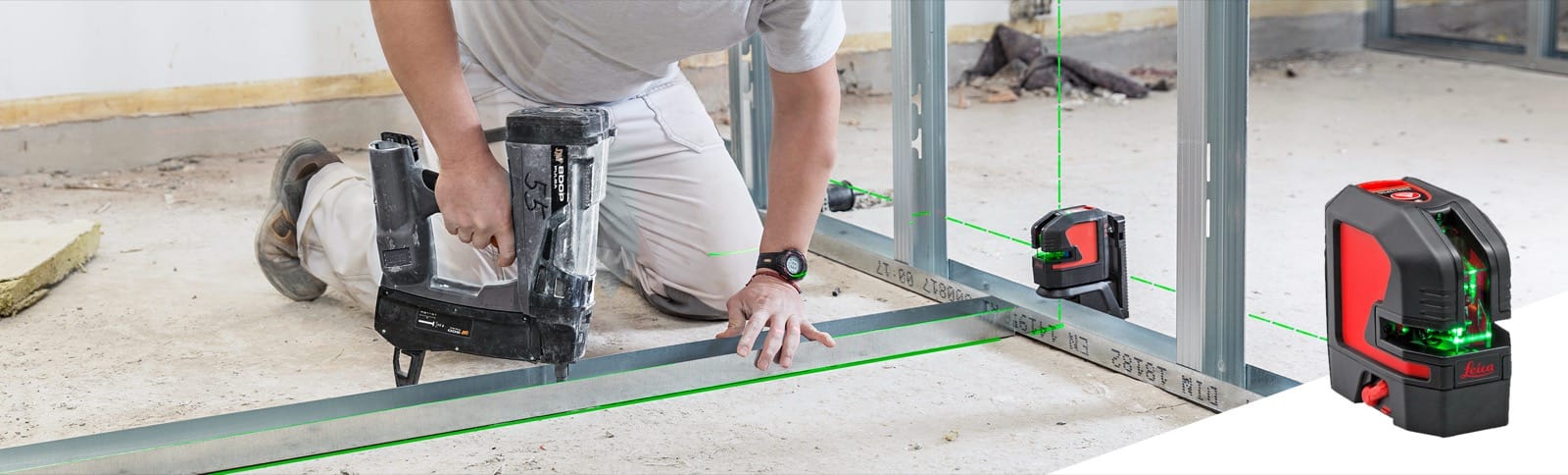 Leica Lino L2P5G laser used to mark a vertical line in a room