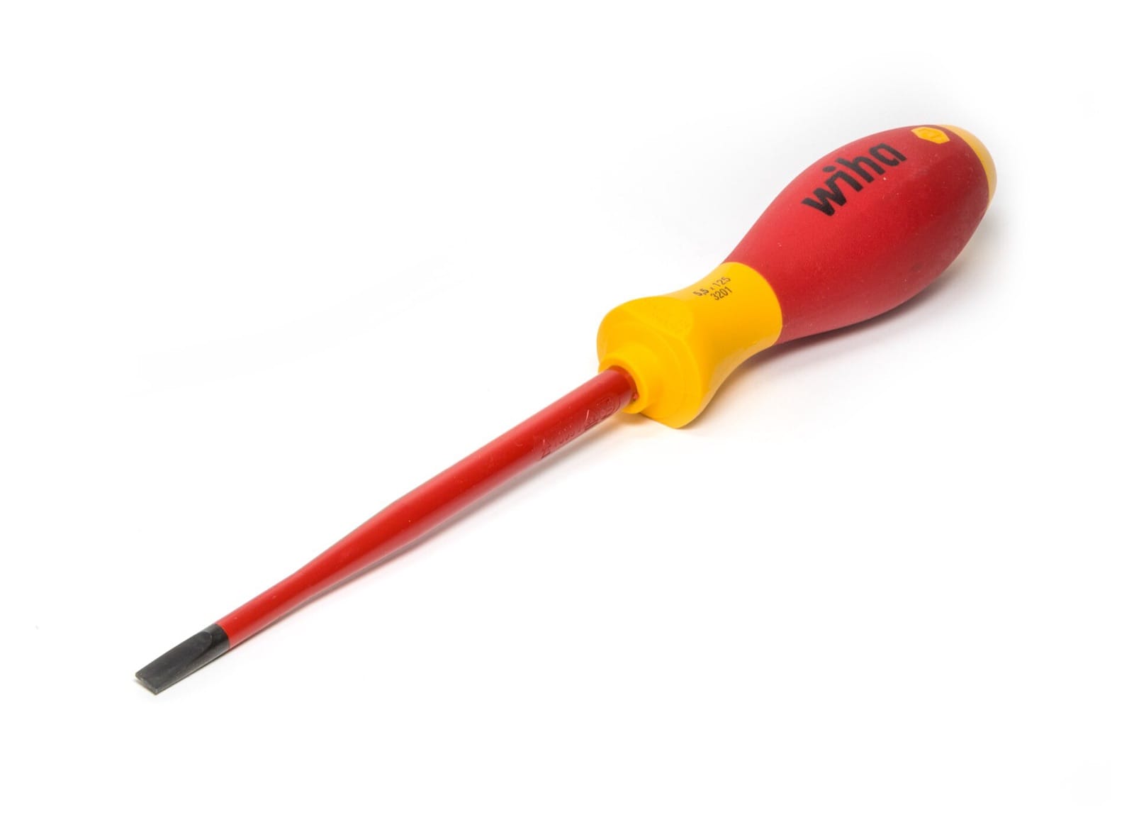 Insulated Wiha slimFix screwdriver with flat blade, red and yellow handle and black flat tip