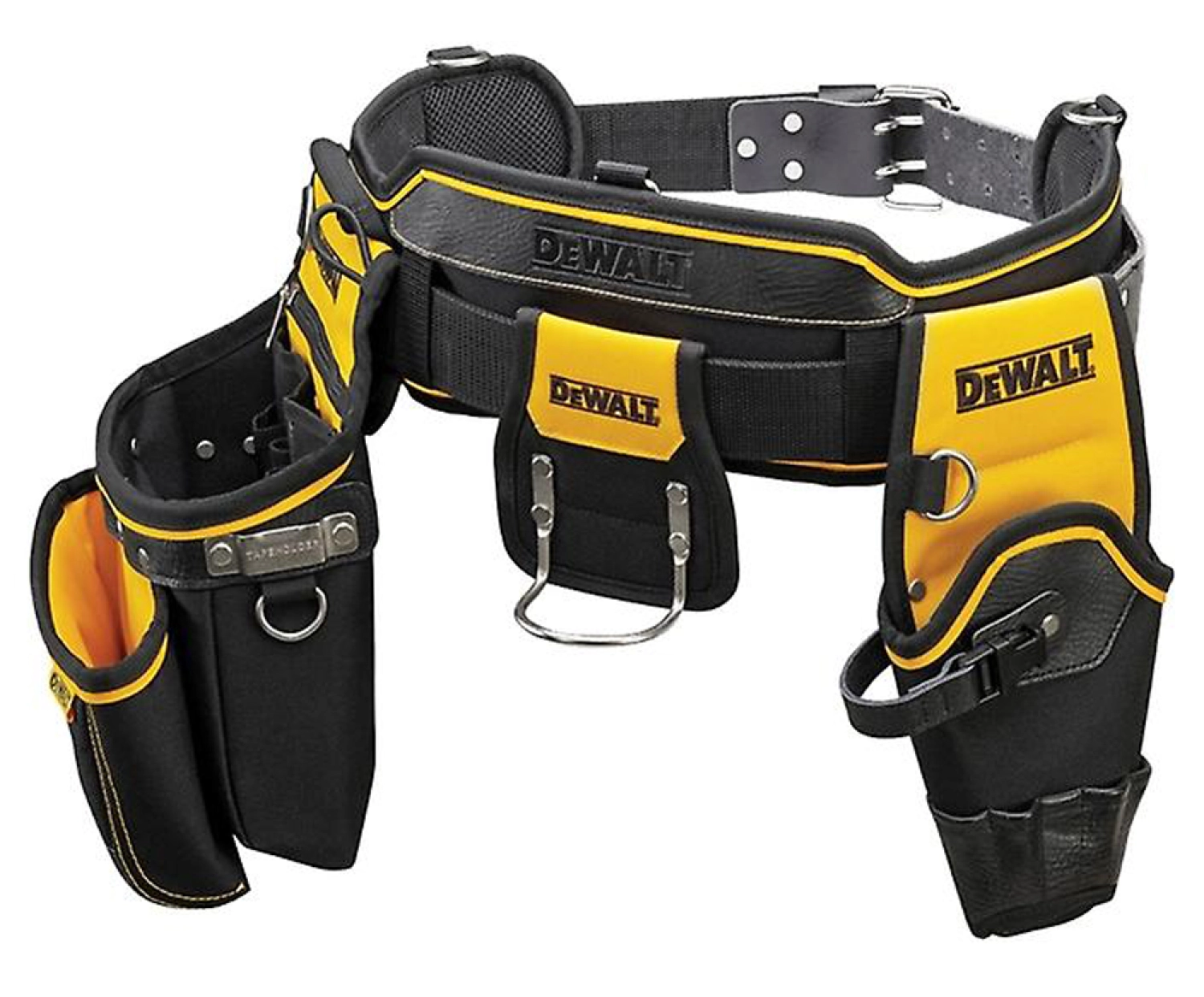 A black and yellow DEWALT tool belt with several pockets and metal rings