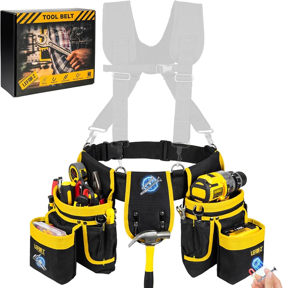 A black and yellow tool belt set with shoulder straps from the brand LEFOR-Z, holding a drill, a hammer and various tools, shown with its box