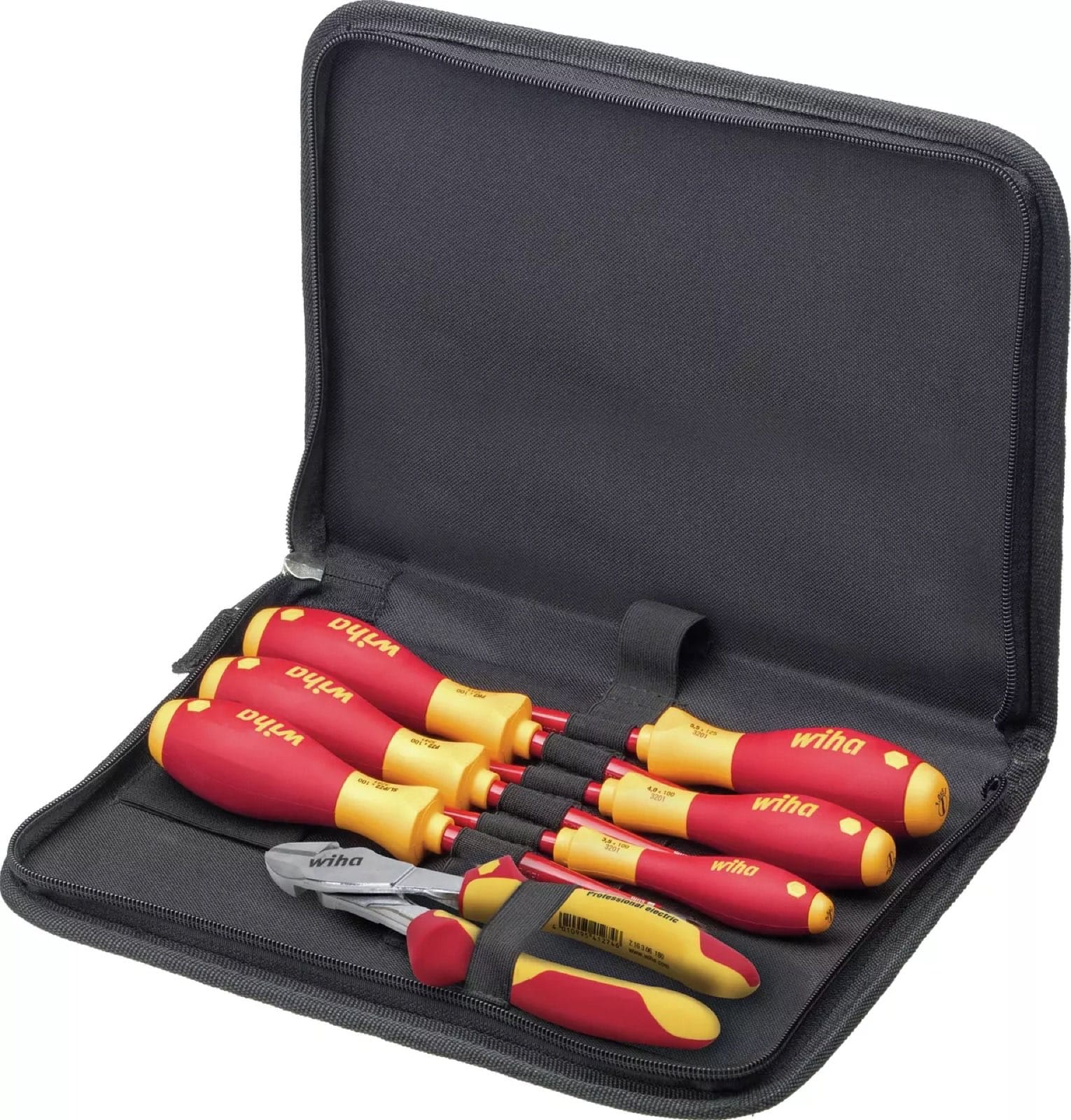 Wiha tool set for electricians in its pouch, three screwdrivers and one pair of pliers with two-tone red and yellow handles